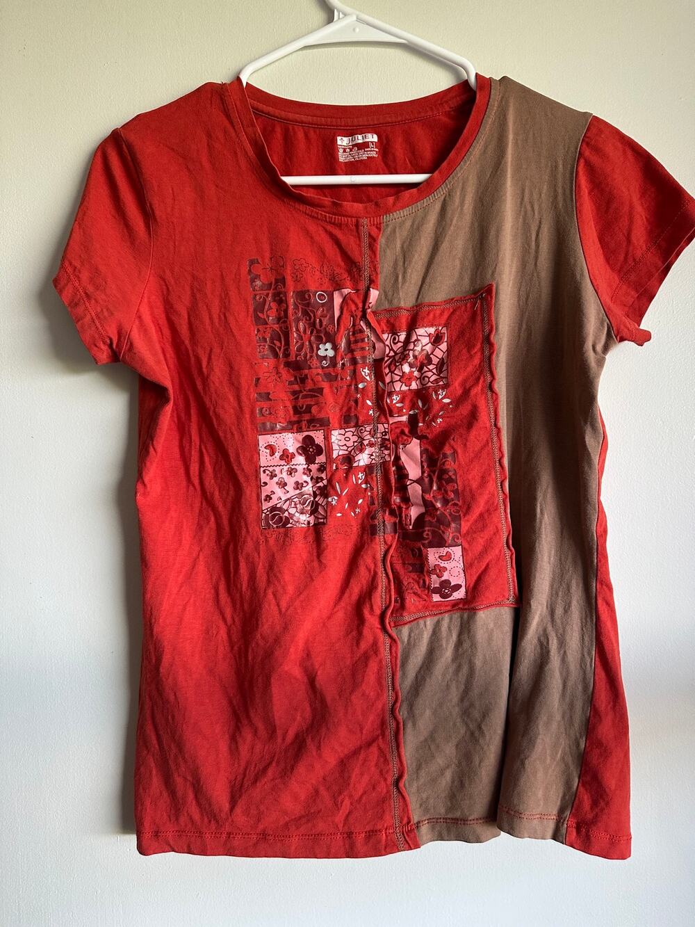 Juliet Y2K Red Brown Patchwork Graphic Tee Large Cotton Colorblock Casual Top